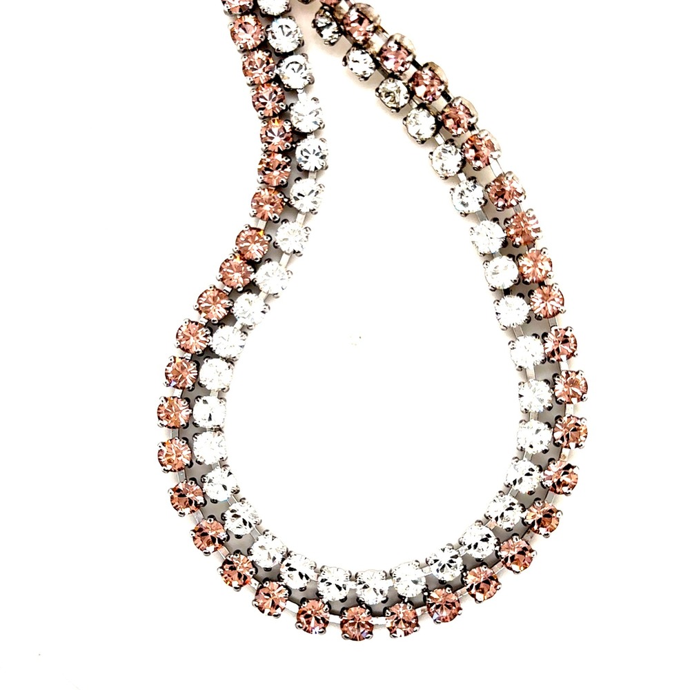 Swarovski Double Strand Tennis Necklace Clear Champagne Crystal Silver Tone